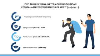 JENIS TINDAK PIDANA YG TERJADI DI LINGKUNGAN
PERUSAHAAN PERKEBUNAN KELAPA SAWIT (lanjutan…)
Penyalahgunaan narkoba di tempat kerja
Penganiayaan (Pasal 351 KUHP)
Pembunuhan (Pasal 338 & 340 KUHP)
Pemalsuan dokumen (263 KUHP)
 