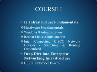 COURSE I
• IT Infrastructure Fundamentals
Hardware Fundamentals
Windows 8 Administration
Redhat Linux Administration
I...