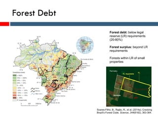 Forest Debt
Forest debt: below legal
reserve (LR) requirements
(20-80%)
Forest surplus: beyond LR
requirements
Forests within LR of small
properties
Soares-Filho, B., Rajão, R., et al. (2014a). Cracking
Brazil’s Forest Code. Science, 344(6182), 363-364.
 