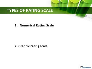 TYPES OF RATING SCALE
1. Numerical Rating Scale
2. Graphic rating scale
 