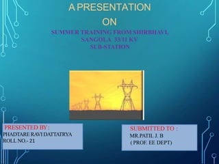 A PRESENTATION
ON
SUMMER TRAINING FROM SHIRBHAVI,
SANGOLA 33/11 KV
SUB-STATION
PRESENTED BY:
PHADTARE RAVI DATTATRYA
ROLL NO.- 21
SUBMITTED TO :
MR.PATIL J. B
( PROF. EE DEPT)
 