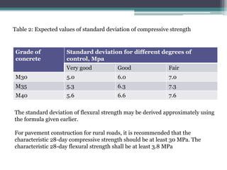 Grade of
concrete
Standard deviation for different degrees of
control, Mpa
Very good Good Fair
M30 5.0 6.0 7.0
M35 5.3 6.3 7.3
M40 5.6 6.6 7.6
Table 2: Expected values of standard deviation of compressive strength
The standard deviation of flexural strength may be derived approximately using
the formula given earlier.
For pavement construction for rural roads, it is recommended that the
characteristic 28-day compressive strength should be at least 30 MPa. The
characteristic 28-day flexural strength shall be at least 3.8 MPa
 