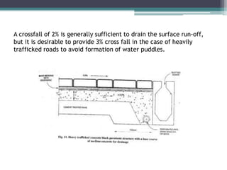 A crossfall of 2% is generally sufficient to drain the surface run-off,
but it is desirable to provide 3% cross fall in the case of heavily
trafficked roads to avoid formation of water puddles.
 