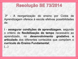 3º - A reorganização do ensino por Ciclos de
Aprendizagem oferece à escola efetivas possibilidades
de:
I - assegurar condições de aprendizagem, segundo
o critério de flexibilização do tempo necessário ao
aprendizado, no desenvolvimento gradativo e
articulado dos diferentes conteúdos que compõem o
currículo do Ensino Fundamental;
(...)
 