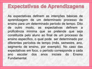As expectativas definem as intenções básicas de
aprendizagem de um determinado processo de
ensino para um determinado período de tempo. Dito
de outro modo, as expectativas definem a
proficiência mínima que se pretende que seja
constituída pelo aluno ao final de um processo de
ensino específico, o qual pode ser determinado por
diferentes períodos de tempo (mês, semestre, ano,
segmento de ensino, por exemplo). No caso das
expectativas em foco, o período corresponde a cada
ano escolar dos anos iniciais do Ensino
Fundamental.
 