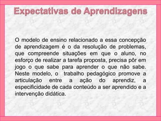 O modelo de ensino relacionado a essa concepção
de aprendizagem é o da resolução de problemas,
que compreende situações em que o aluno, no
esforço de realizar a tarefa proposta, precisa pôr em
jogo o que sabe para aprender o que não sabe.
Neste modelo, o trabalho pedagógico promove a
articulação entre a ação do aprendiz, a
especificidade de cada conteúdo a ser aprendido e a
intervenção didática.
 