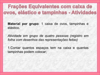 Material por grupo: 1 caixa de ovos, tampinhas e
elástico.
Atividade em grupo de quatro pessoas (registro em
folha com desenhos das representações feitas)
1.Contar quantos espaços tem na caixa e quantas
tampinhas podem colocar;
 