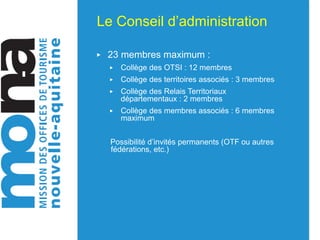 Le Conseil d’administration
▶ 23 membres maximum :
▶ Collège des OTSI : 12 membres
▶ Collège des territoires associés : 3 membres
▶ Collège des Relais Territoriaux
départementaux : 2 membres
▶ Collège des membres associés : 6 membres
maximum
Possibilité d’invités permanents (OTF ou autres
fédérations, etc.)
 