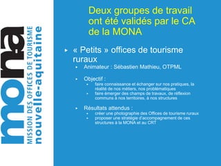 Deux groupes de travail
ont été validés par le CA
de la MONA
▶ « Petits » offices de tourisme
ruraux
▶ Animateur : Sébastien Mathieu, OTPML
▶ Objectif :
▶ faire connaissance et échanger sur nos pratiques, la
réalité de nos métiers, nos problématiques
▶ faire émerger des champs de travaux, de réflexion
communs à nos territoires, à nos structures
▶ Résultats attendus :
▶ créer une photographie des Offices de tourisme ruraux
▶ proposer une stratégie d’accompagnement de ces
structures à la MONA et au CRT
 