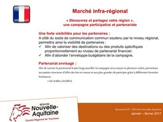 Marché infra-régional
« Découvrez et partagez votre région »,
une campagne participative et partenariale
Une forte visibilités pour les partenaires :
A côté du socle de communication commun soutenu par le niveau régional,
permettra ainsi la visibilité de partenaires :
 Afin de valoriser des destinations ou des produits spécifiques
proportionnellement au niveau de partenariat financier.
 Afin d’abonder l’enveloppe budgétaire de la campagne.
Partenariat envisagé :
Afin desusciter le partenariat le plus large possible, lacampagne sera conçue en plusieurs volets, permettant
aux petites structures d’offrir des lots en natureet aux plus grandes de participer grâceà différentes formules
forfaitaires.
=>De 4000 à20 000 €.
RencontresOT - CRTsdelaNouvelle-Aquitaine
Janvier – février 2017
 