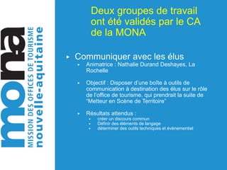 Deux groupes de travail
ont été validés par le CA
de la MONA
▶ Communiquer avec les élus
▶ Animatrice : Nathalie Durand Deshayes, La
Rochelle
▶ Objectif : Disposer d’une boîte à outils de
communication à destination des élus sur le rôle
de l’office de tourisme, qui prendrait la suite de
“Metteur en Scène de Territoire”
▶ Résultats attendus :
▶ créer un discours commun
▶ Définir des éléments de langage
▶ déterminer des outils techniques et évènementiel
 