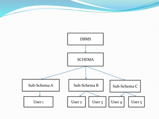 DBMS
SCHEMA
Sub-Schema A Sub-Schema B Sub-Schema C
User 1 User 2 User 3 User 4 User 5
 