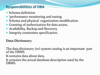 Responsibilities of DBA
 Schema definition
 ‘performance monitoring and tuning
 Schema and physical organization modification
 Granting of authorization for data access.
 Availability, Backup and Recovery.
 Integrity constraints specification.
Data Dictionary:
The data dictionary (or) system catalog is an important part
of the DBMS.
It contains data about data.
It contains the actual database description used by the
DBMS.
 