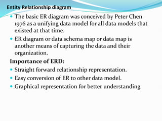 Entity Relationship diagram
 The basic ER diagram was conceived by Peter Chen
1976 as a unifying data model for all data models that
existed at that time.
 ER diagram or data schema map or data map is
another means of capturing the data and their
organization.
Importance of ERD:
 Straight forward relationship representation.
 Easy conversion of ER to other data model.
 Graphical representation for better understanding.
 