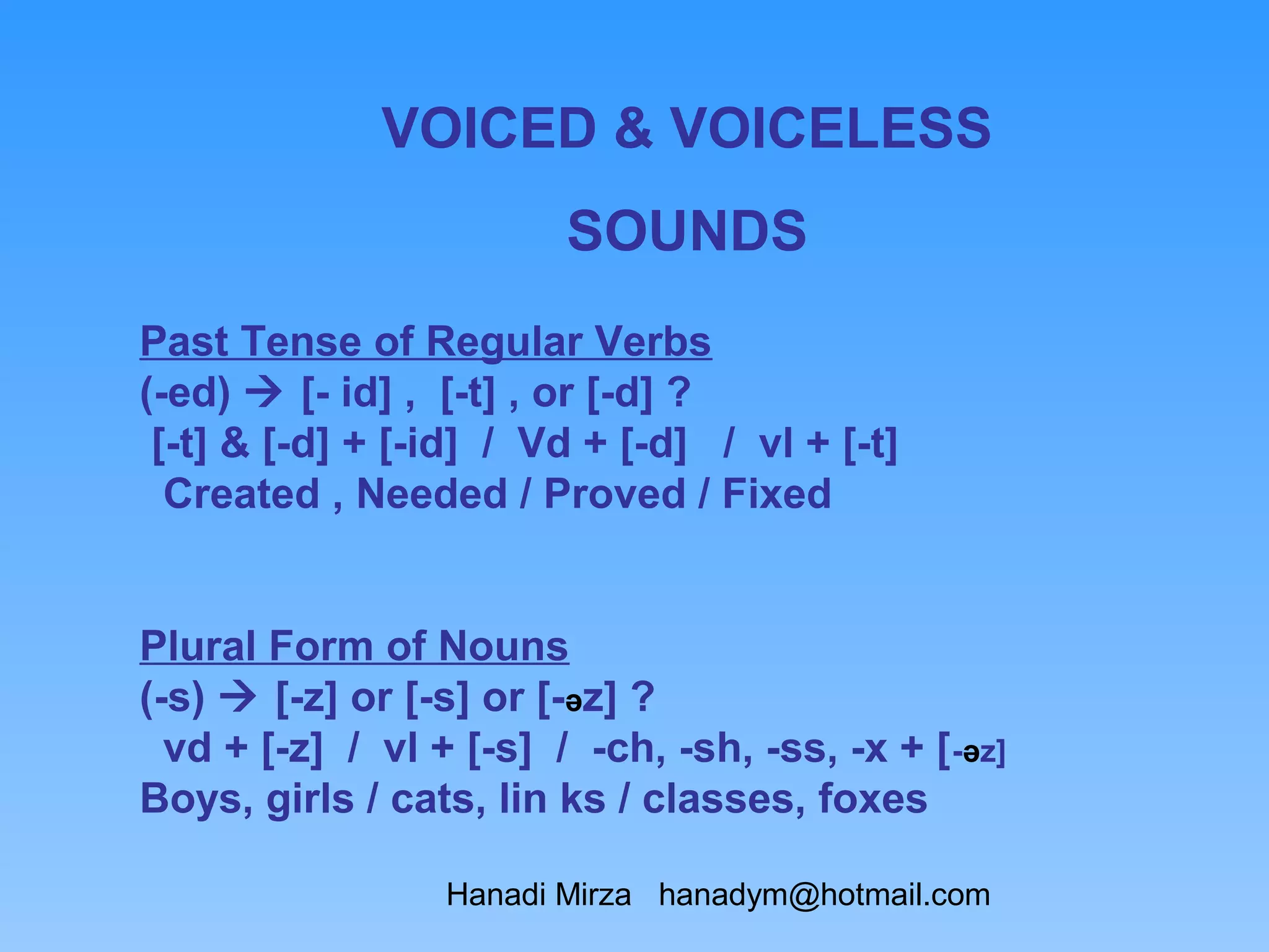 VOICED & VOICELESS
                         SOUNDS
Past Tense of Regular Verbs
(-ed)  [- id] , [-t] , or [-d] ?
 [-t] & [-d] + [-id] / Vd + [-d] / vl + [-t]
  Created , Needed / Proved / Fixed


Plural Form of Nouns
(-s)  [-z] or [-s] or [-əz] ?
  vd + [-z] / vl + [-s] / -ch, -sh, -ss, -x + [ -əz]
Boys, girls / cats, lin ks / classes, foxes

                  Hanadi Mirza hanadym@hotmail.com
 
