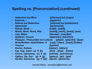 Spelling vs. [Pronunciation] (continued)

•   Determine but Mine               [ditərmən] but [mayn]
•   Examine→                         [əgzámin]
•   Seduce but Seduction             [sidýous] but [sidakshən]
•   Appreciate                       [aprishiyeyt]
•   Result, Adult →                 [rizált] , [ədált]
•   World, Work, Word, War          [wərld], [wərk], [wərd], [wor]
•   July, Major                     [djoulay] , [meydjər]
•   Children, Church                [tshildrən], [tshərtsh]
•   Pleasure , Pleasurable bur Leisure [plejər] , [plejrəbl] / [lyjər]
•   Write/Written, Hide/Hidden  [rayt] / [ritən] , [hayd] /[hidən]
•   Teacher                         [tytshər]
•   Doctor, Dollars                [daktər] , [dálərz]
•   Cat, Cup, Color: (c)  [k]      [Kat] , [Kap] , [kalər]
•   Circus, Ceremony: (c)  [s] [sərkəs] , [sərəmony]
•   Gallery, Go, Gut: (g)  [g]     [galəry] , [go] , [gat]
•   Giraffe, Generous: (g)  [dj] [djiraf] , [djənərəs]

                    Hanadi Mirza hanadym@hotmail.com
 