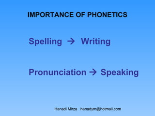 IMPORTANCE OF PHONETICS


Spelling  Writing


Pronunciation  Speaking



      Hanadi Mirza hanadym@hotmail.com
 