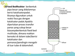 3)Fixed BedReaktor berbentuk
pipa besar yang didalamnya
berisi katalisatorpadat.
Bisanya digunakan untuk
reaksi fasa gas dengan
katalisator padat.Apabila
diperlukan proses transfer
panas yang cukup besar
biasanyaberbentuk fixed bed
multitube, dimana reaktan
bereaksi di dalam tube2berisi
katalisator dan
pemanas/pendingin mengalir
di luar tube di dalamshell.

 