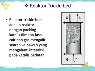  Reaktor Trickle bed
• Reaktor trickle bed
adalah reaktor
dengan packing
katalis dimana fasa
cair dan gas mengalir
searah ke bawah yang
mengalami interaksi
pada katalis padatan.

 