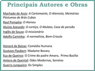Principais Autores e Obras
Machado de Assis: A Cartomante, O Alienista, Memórias 
Póstumas de Brás Cubas
Raul Pompéia: O Ateneu
Aluísio Azevedo: O cortiço, O Mulato, Casa de pensão
Inglês de Souza: O missionário
Adolfo Caminha:  A normalista, Bom‐Crioulo
Honoré de Balzac: Comédia Humana
Gustave Flaubert: Madame Bovary
Eça de Queiroz: O Crime do padre Amaro,  Primo Basílio
Antero de Quental: Odes Modernas, Sonetos
Guerra Junqueiro: Os Simples
 