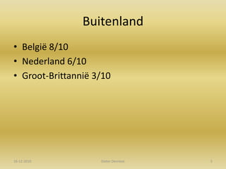 BuitenlandBelgië 8/10Nederland 6/10Groot-Brittannië 3/1016-12-20105Dieter Devriese