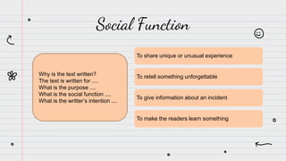 RECOUNT TEXT (DEFINITION, SOCIAL FUNCTION, LANGUAGE, 47% OFF