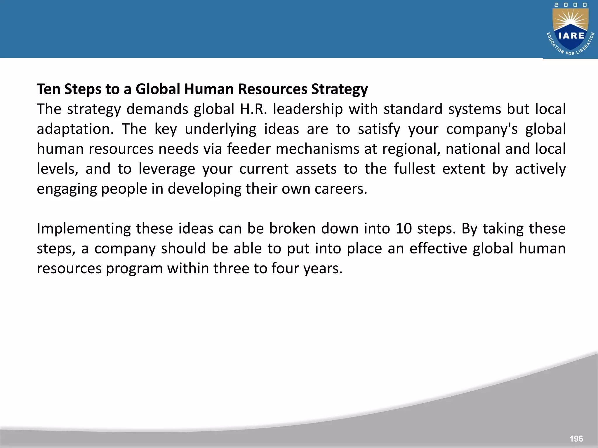 196
Ten Steps to a Global Human Resources Strategy
The strategy demands global H.R. leadership with standard systems but local
adaptation. The key underlying ideas are to satisfy your company's global
human resources needs via feeder mechanisms at regional, national and local
levels, and to leverage your current assets to the fullest extent by actively
engaging people in developing their own careers.
Implementing these ideas can be broken down into 10 steps. By taking these
steps, a company should be able to put into place an effective global human
resources program within three to four years.
 