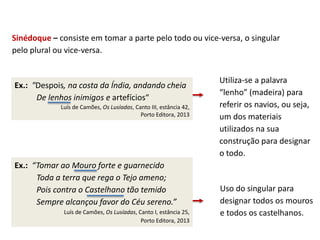 Sinédoque – consiste em tomar a parte pelo todo ou vice-versa, o singular
pelo plural ou vice-versa.
Ex.: "Despois, na costa da Índia, andando cheia
De lenhos inimigos e artefícios“
Luís de Camões, Os Lusíadas, Canto III, estância 42,
Porto Editora, 2013
Utiliza-se a palavra
“lenho” (madeira) para
referir os navios, ou seja,
um dos materiais
utilizados na sua
construção para designar
o todo.
Uso do singular para
designar todos os mouros
e todos os castelhanos.
Ex.: “Tomar ao Mouro forte e guarnecido
Toda a terra que rega o Tejo ameno;
Pois contra o Castelhano tão temido
Sempre alcançou favor do Céu sereno.”
Luís de Camões, Os Lusíadas, Canto I, estância 25,
Porto Editora, 2013
 