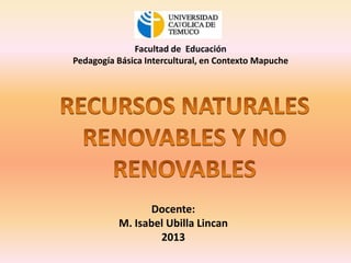 Facultad de Educación
Pedagogía Básica Intercultural, en Contexto Mapuche

Docente:
M. Isabel Ubilla Lincan
2013

 