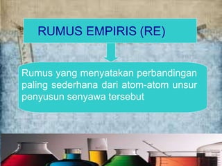 RUMUS EMPIRIS (RE)
Rumus yang menyatakan perbandingan
paling sederhana dari atom-atom unsur
penyusun senyawa tersebut
 