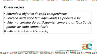 Observações:
• Entenda o objetivo de cada competência;
• Perceba onde você tem dificuldades e priorize isso;
• Veja, na cartilha do participante, como é a atribuição de
pontos de cada competência
0 – 40 – 80 – 120 – 160 – 200)
 