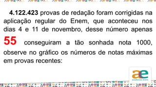 4.122.423 provas de redação foram corrigidas na
aplicação regular do Enem, que aconteceu nos
dias 4 e 11 de novembro, desse número apenas
55 conseguiram a tão sonhada nota 1000,
observe no gráfico os números de notas máximas
em provas recentes:
 