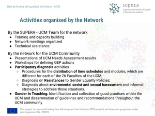 This project has received funding from the European Union's Horizon 2020 research and innovation programme under
grant agreement No. 787829.
Red de Nodos de Igualdad de Género - UCM
Activities organised by the Network
By the SUPERA - UCM Team for the network
● Training and capacity building
● Network meetings organized
● Technical assistance
By the network for the UCM Community
● Presentations of UCM Needs Assessment results
● Workshops for defining GEP actions
● Participatory diagnosis activities
○ Procedures for the distribution of time schedules and modules, which are
different for each of the 26 Faculties of the UCM;
○ Diagnosis on Resistances to Gender Equality Policies;
○ Diagnosis about enviromental sexist and sexual harassment and informal
strategies to address those situations.
● Gender in Teaching: Identification and collection of good practices within the
UCM and dissemination of guidelines and recommendations throughout the
UCM community
 
