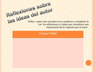 Debes  copiar este recuadro en tu cuaderno y completar lo con  las reflexiones y/o ideas que consideres más importantes de lo expuesto por el autor.  César Vidal 