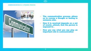 • The communication process allows
us to convey a thought or feeling to
someone else.
• How it is received depends on a set
of events ,stimuli, that the person is
exposed to .
• How you say what you say play an
important role in communication
10
 