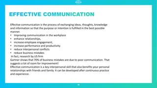 18
Effective communication is the process of exchanging ideas, thoughts, knowledge
and information so that the purpose or intention is fulfilled in the best possible
manner.
• Improving communication in the workplace
• enhance relationships,
• increase employee engagement,
• increase performance and productivity
• reduce interpersonal conflicts
• reduce business mistakes
In fact, research by US firm
Gartner shows that 70% of business mistakes are due to poor communication. That
suggests a lot of room for improvement!
Effective communication is a key interpersonal skill that also benefits your personal
relationships with friends and family. It can be developed after continuous practice
and experience.
 