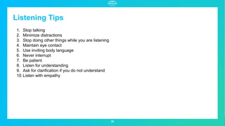 25
Listening Tips
1. Stop talking
2. Minimize distractions
3. Stop doing other things while you are listening
4. Maintain eye contact
5. Use inviting body language
6. Never interrupt
7. Be patient
8. Listen for understanding
9. Ask for clarification if you do not understand
10.Listen with empathy
 