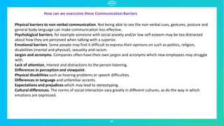 41
How can we overcome these Communication Barriers
Physical barriers to non-verbal communication. Not being able to see the non-verbal cues, gestures, posture and
general body language can make communication less effective.
Psychological barriers, for example someone with social anxiety and/or low self-esteem may be too distracted
about how they are perceived when talking with a superior.
Emotional barriers. Some people may find it difficult to express their opinions on such as politics, religion,
disabilities (mental and physical), sexuality and racism.
Jargon and acronyms. Companies often have their own jargon and acronyms which new employees may struggle
with.
Lack of attention, interest and distractions to the person listening.
Differences in perception and viewpoint.
Physical disabilities such as hearing problems or speech difficulties.
Differences in language and unfamiliar accents.
Expectations and prejudices which may lead to stereotyping.
Cultural differences. The norms of social interaction vary greatly in different cultures, as do the way in which
emotions are expressed.
 