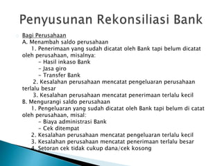 Bagi Perusahaan 
A. Menambah saldo perusahaan 
1. Penerimaan yang sudah dicatat oleh Bank tapi belum dicatat 
oleh perusahaan, misalnya: 
- Hasil inkaso Bank 
- Jasa giro 
- Transfer Bank 
2. Kesalahan perusahaan mencatat pengeluaran perusahaan 
terlalu besar 
3. Kesalahan perusahaan mencatat penerimaan terlalu kecil 
B. Mengurangi saldo perusahaan 
1. Pengeluaran yang sudah dicatat oleh Bank tapi belum di catat 
oleh perusahaan, misal: 
- Biaya administrasi Bank 
- Cek ditempat 
2. Kesalahan perusahaan mencatat pengeluaran terlalu kecil 
3. Kesalahan perusahaan mencatat penerimaan terlalu besar 
4. Setoran cek tidak cukup dana/cek kosong 
 
