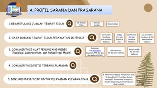 1. REKAPITULASI JUMLAH TEMPAT TIDUR
2. DATA DUKUNG TEMPAT TIDUR PERAWATAN INTENSIF
4. DOKUMENTASI/FOTO TERBARU RUANGAN
3. DOKUMENTASI ALAT PENUNJANG MEDIK
(Radiologi, Laboratorium, dan Rehabilitasi Medik)
5. DOKUMENTASI/FOTO UNTUK PELAYANAN KEFARMASIAN
SK Tempat
Tidur
Rincian
Jumlah
Dokumentasi
List Jumlah
Ventilator
dan sertifikat
kalibrasi
SK Tim
ICU dan
Sertifikat
ACLS
List Perawat
ICU dan
sertifikat
Pelatihan
List Inventaris
Peralatan di ICU
dan sertifikat
kalibrasi
A. PROFIL SARANA DAN PRASARANA
Radiologi:
izin pelayanan,
Bapeten, PPR, list alat
dan kalibrasi (USG)
Laboratorium :
list alat dan kalibrasi
R. Penerimaan Resep, Penyerahan obat,
R. konsultasi, R. Peracikan, lemari
pendingin, termometer ruangan, R.
Aseptic dispensing, R. Penyimpanan
obat narkotik.
Rehab medik:
list alat dan
kalibrasi
 