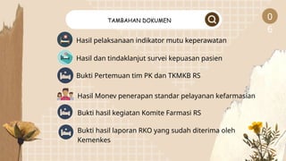 0
6
TAMBAHAN DOKUMEN
Hasil pelaksanaan indikator mutu keperawatan
Hasil dan tindaklanjut survei kepuasan pasien
Bukti Pertemuan tim PK dan TKMKB RS
Hasil Monev penerapan standar pelayanan kefarmasian
Bukti hasil kegiatan Komite Farmasi RS
Bukti hasil laporan RKO yang sudah diterima oleh
Kemenkes
 