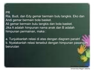 PR
Ria, Budi, dan Edy gemar bermain bulu tangkis. Eko dan
Andi gemar bermain bola basket.
Ali gemar bermain bulu tangkis dan bola basket.
Jika A adalah himpunan nama anak dan B adalah
himpunan permainan, maka :

a. Tunjukkanlah relasi di atas dengan diagram panah!
b. Nyatakanlah relasi tersebut dengan himpunan pasangan
berurutan




                                            Pendidikan Matematika
                                            Universitas Negeri Jakarta
 