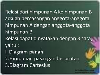 Relasi dari himpunan A ke himpunan B
adalah pemasangan anggota-anggota
himpunan A dengan anggota-anggota
himpunan B.
Relasi dapat dinyatakan dengan 3 cara,
yaitu :
l. Diagram panah
2.Himpunan pasangan berurutan
3.Diagram Cartesius
                              Pendidikan Matematika
                              Universitas Negeri Jakarta
 