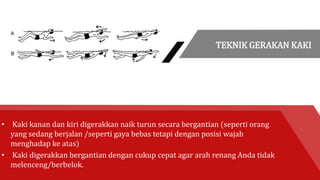 • Kaki kanan dan kiri digerakkan naik turun secara bergantian (seperti orang
yang sedang berjalan /seperti gaya bebas tetapi dengan posisi wajah
menghadap ke atas)
• Kaki digerakkan bergantian dengan cukup cepat agar arah renang Anda tidak
melenceng/berbelok.
TEKNIK GERAKAN KAKI
 