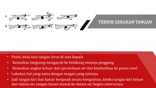 • Posisi awal satu tangan lurus di atas kepala
• Kemudian langsung mengayuh ke belakang menuju pinggang
• Kemudian angkat keluar dari permukaan air dan kembalikan ke posisi awal
• Lakukan hal yang sama dengan tangan yang satunya
• Jadi tangan kiri dan kanan bergerak secara bergantian, ketika tangan kiri keluar
dari dalam air, tangan kanan masuk ke dalam air, begitu seterusnya.
TEKNIK GERAKAN TANGAN
 