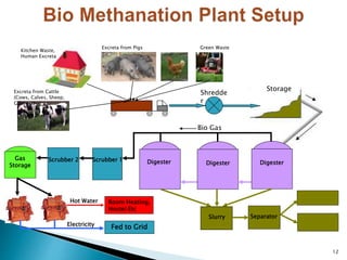 Kitchen Waste,
Human Excreta
Shredde
r
Excreta from Cattle
(Cows, Calves, Sheep,
Goat etc)
Excreta from Pigs
DigesterDigesterDigester
Bio Gas
Slurry Separator
Scrubber 1Scrubber 2Gas
Storage
Electricity Fed to Grid
Hot Water Room Heating,
Hostel Etc
Storage
Green Waste
12
 