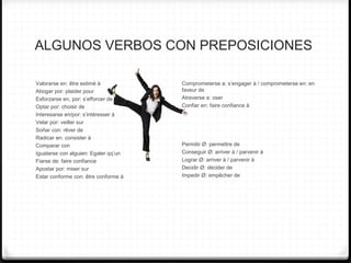 ALGUNOS VERBOS CON PREPOSICIONES
Valorarse en: être estimé à
Abogar por: plaider pour
Esforzarse en, por: s’efforcer de
Optar por: choisir de
Interesarse en/por: s’intéresser à
Velar por: veiller sur
Soñar con: rêver de
Radicar en: consister à
Comparar con
Igualarse con alguien: Egaler qq’un
Fiarse de: faire confiance
Apostar por: miser sur
Estar conforme con: être conforme à
Comprometerse a: s’engager à / comprometerse en: en
faveur de
Atreverse a: oser
Confiar en: faire confiance à
Permitir Ø: permettre de
Conseguir Ø: arriver à / parvenir à
Lograr Ø: arriver à / parvenir à
Decidir Ø: décider de
Impedir Ø: empêcher de
 