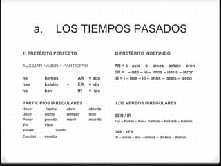 a. LOS TIEMPOS PASADOS
1) PRETÉRITO PERFECTO
AUXILIAR HABER + PARTICIPIO
he hemos AR = ado
has habéis + ER = ido
ha han IR = ido
PARTICIPIOS IRREGULARES
Hacer hecho abrir abierto
Decir dicho romper roto
Poner puesto morir muerto
Ver visto
Volver vuelto
Escribir escrito
2) PRETÉRITO INDEFINIDO
AR = é - aste – ó – amos – asteis – aron
ER = í – iste – ió – imos – isteis – ieron
IR = í – iste – ió – imos – isteis – ieron
LOS VERBOS IRREGULARES
SER / IR
Fui – fuiste – fue – fuimos – fuisteis – fueron
DAR / VER
Di – diste – dio – dimos – disteis - dieron
 