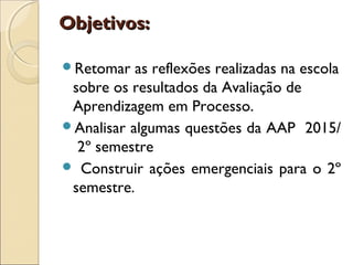 Objetivos:Objetivos:  
Retomar as reflexões realizadas na escola
sobre os resultados da Avaliação de
Aprendizagem em Processo.
Analisar algumas questões da AAP 2015/
2º semestre
 Construir ações emergenciais para o 2º
semestre.
 
