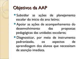 Objetivos da AAPObjetivos da AAP
Subsidiar as ações de planejamento
escolar do início do ano letivo;
Apoiar as ações de acompanhamento do
desenvolvimento das propostas
pedagógicas das unidades escolares;
Diagnosticar, por meio de instrumento
padronizado, os aspectos de
aprendizagem dos alunos que necessitam
de atenção imediata.
 